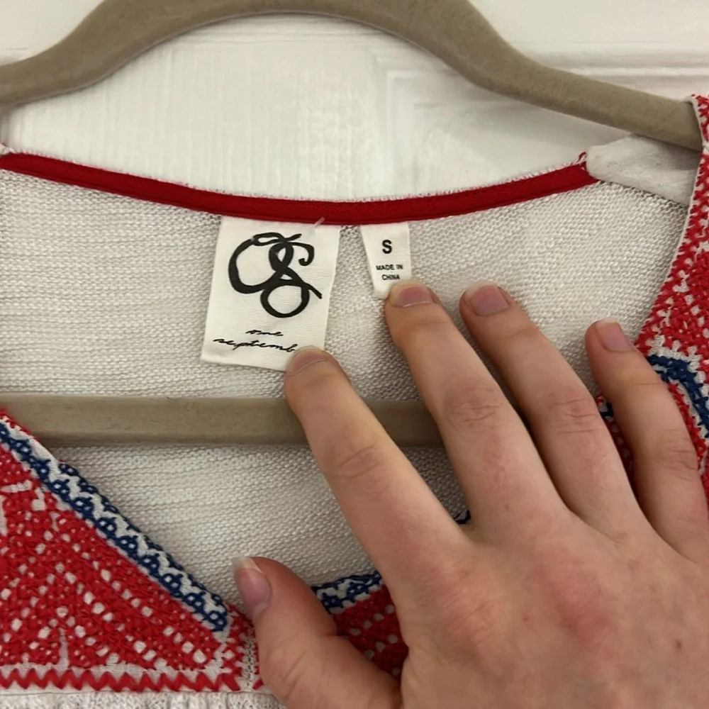 Anthropologie White Top with Red & Blue Embroidered Yoke